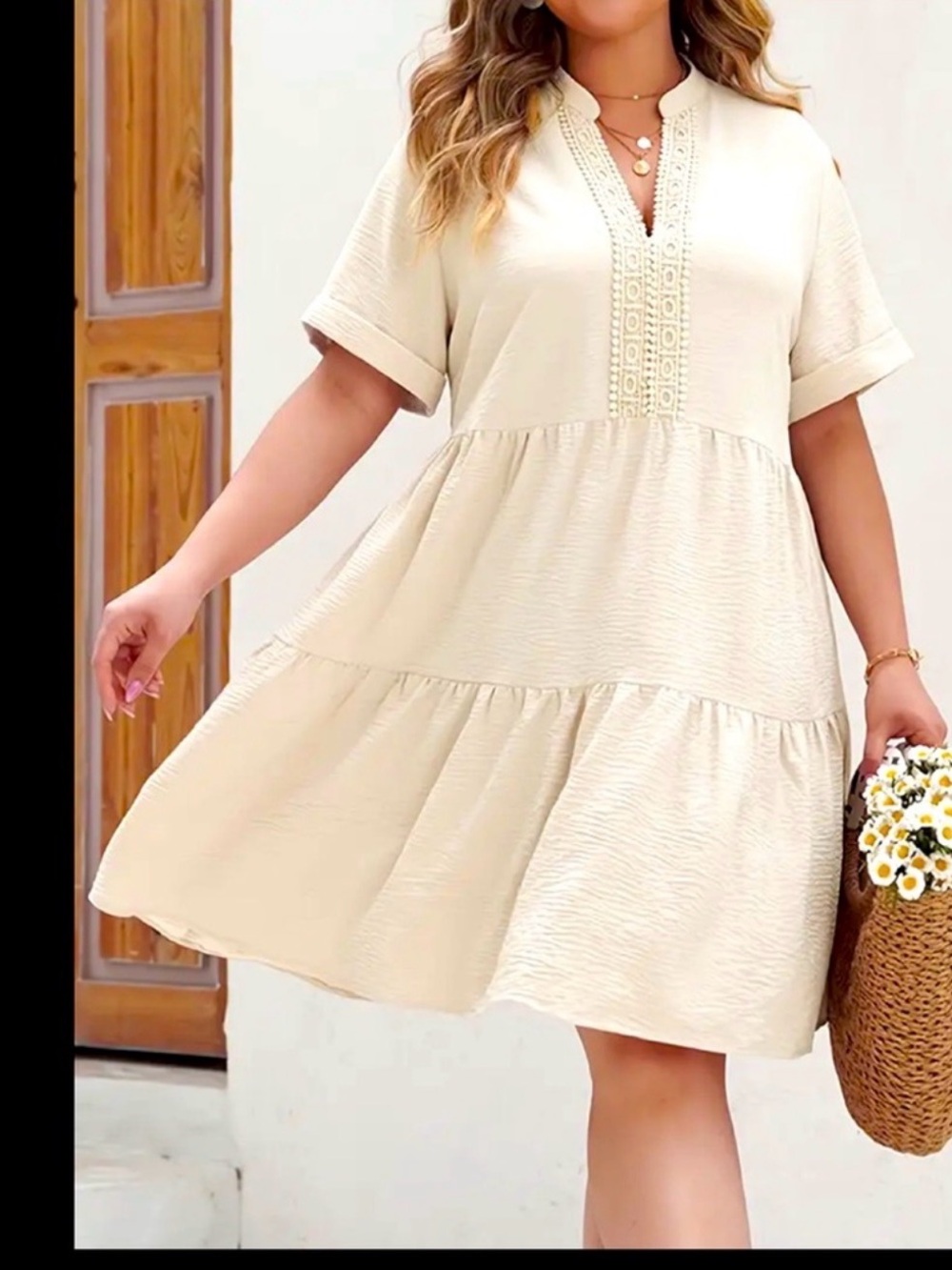Women's Cream Tiered V-Neck Dress